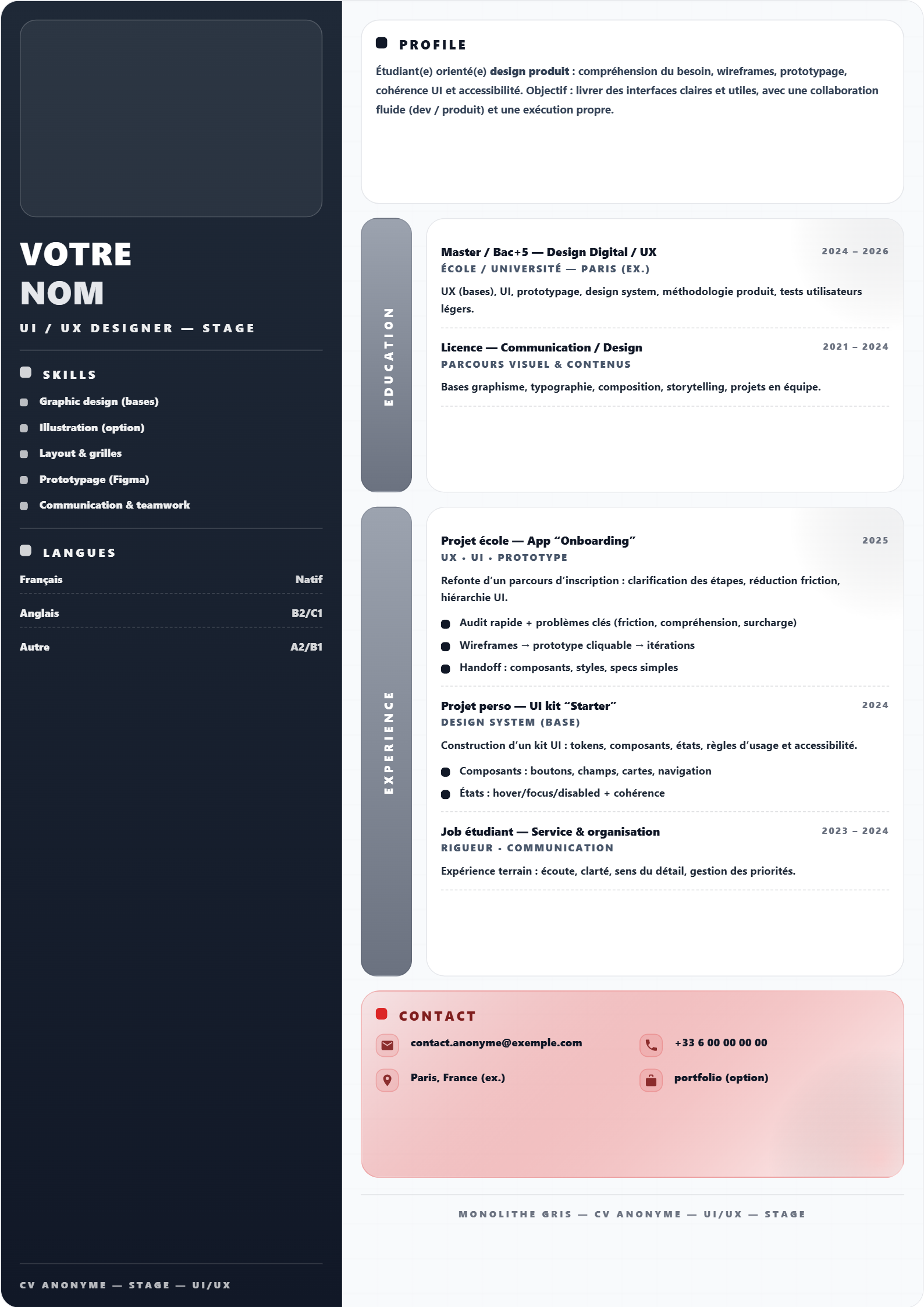 Stage — UI/UX Designer (Junior) — Monolithe Gris