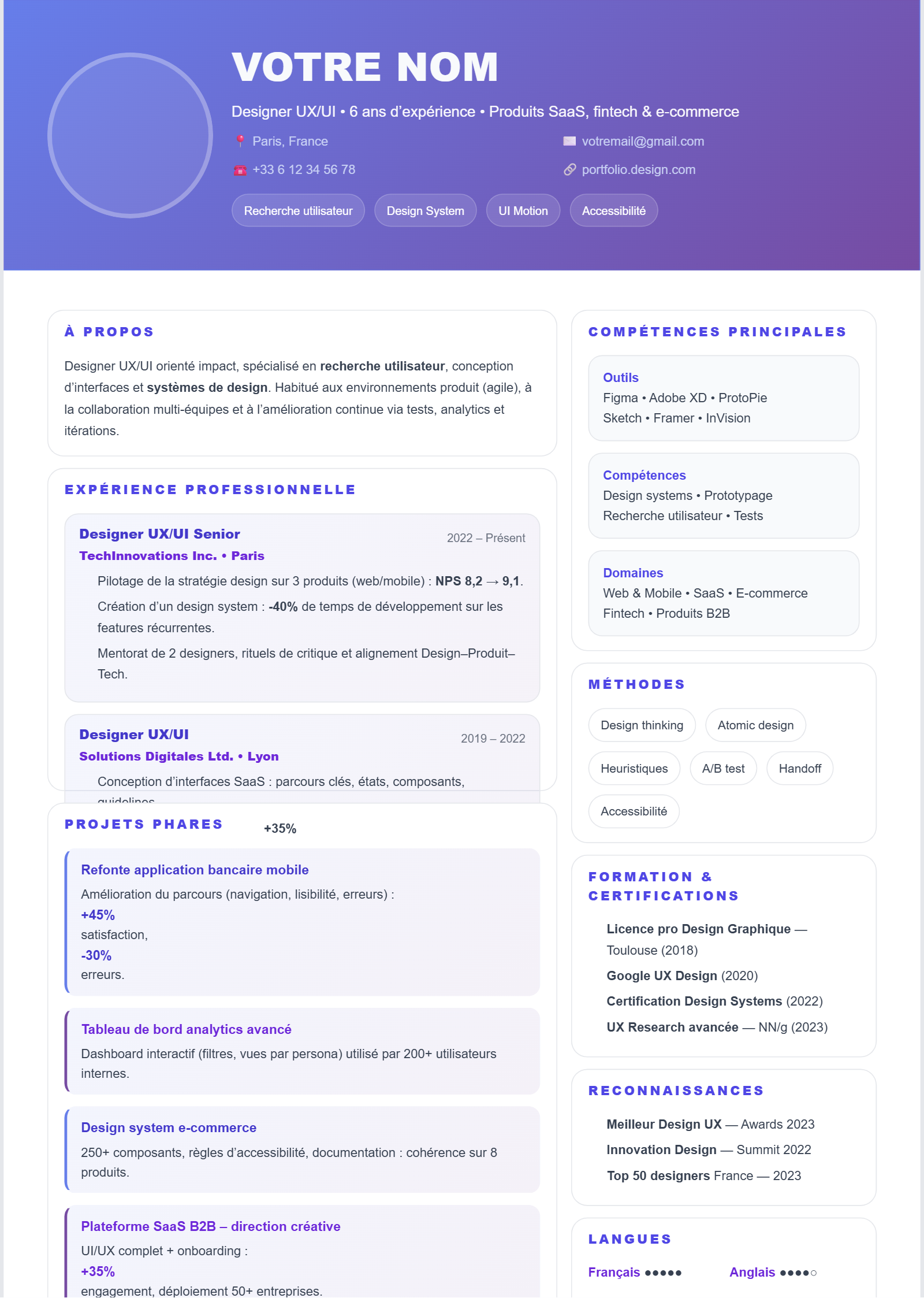 Designer UX/UI – Dégradé Violet & Cartes Projets