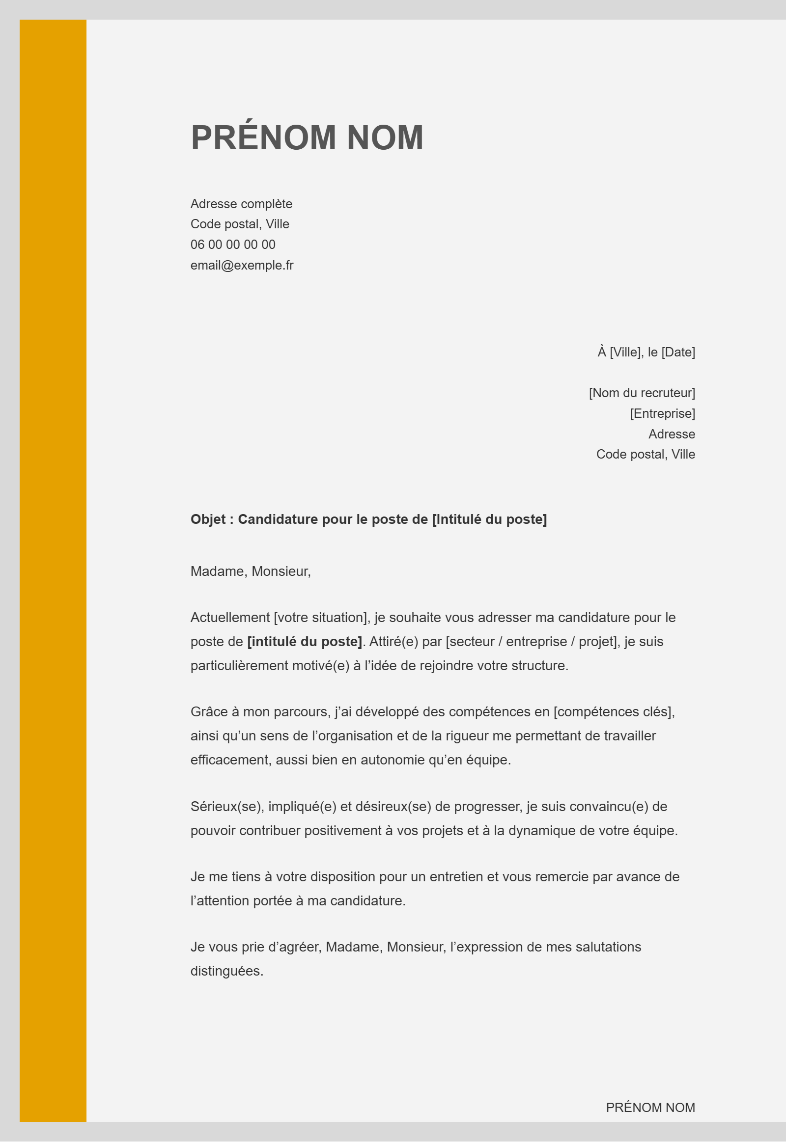 Lettre de Motivation -  Style bande latérale
